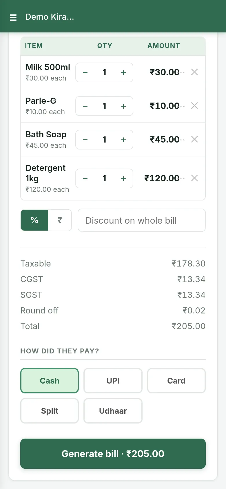 New Bill screen with four items added, quantities, tax breakup and the Generate bill button