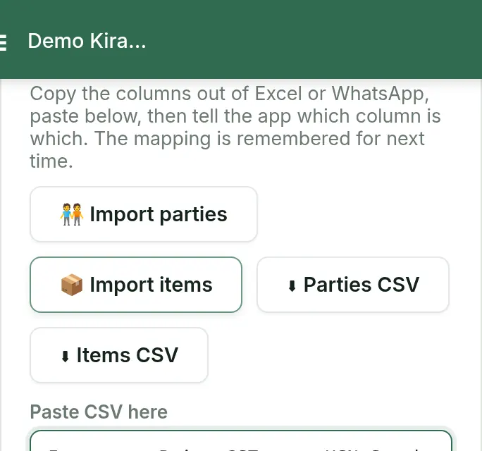 Import screen with the Import items, Items CSV and Parties CSV buttons