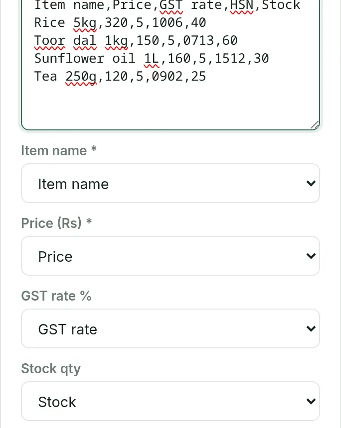 Column matching for an item import: item name, price, GST rate, stock and HSN