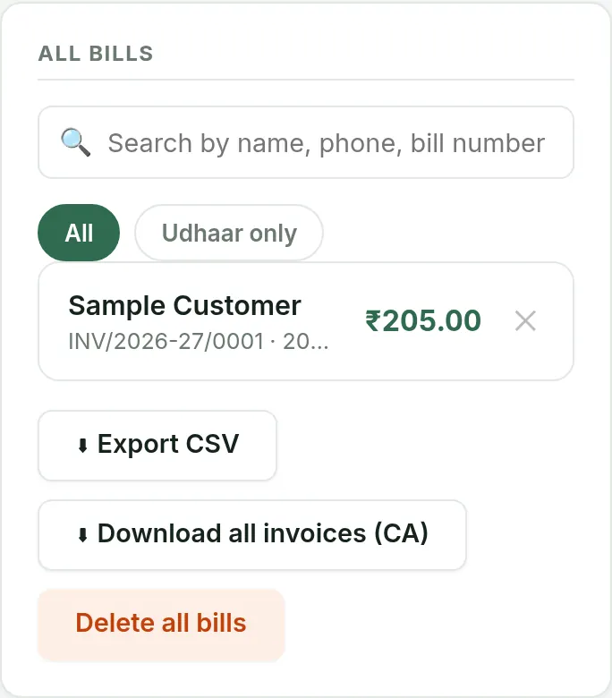 Records screen with bills today, net sales, the bill list and the Download all invoices (CA) button
