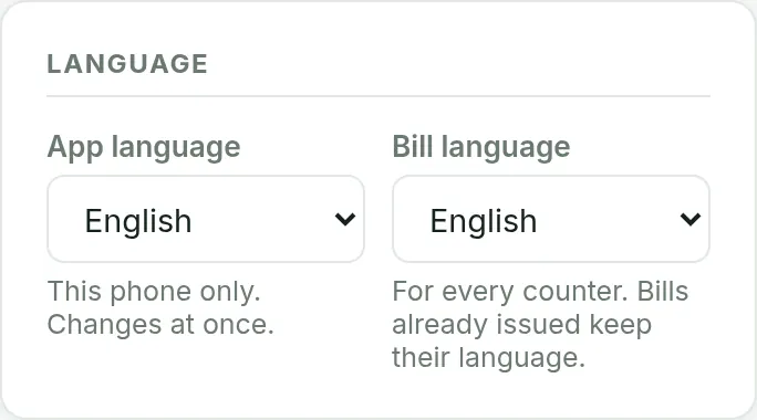 Setup Language section with App language and Bill language selectors