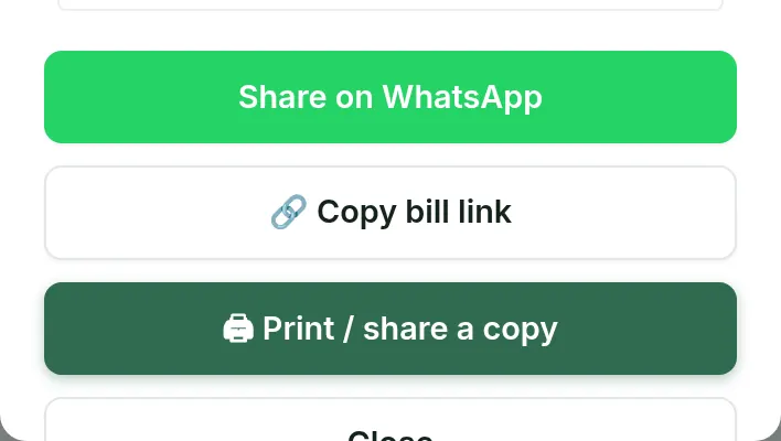 Bill actions: Share on WhatsApp, Copy bill link, Print or share a copy